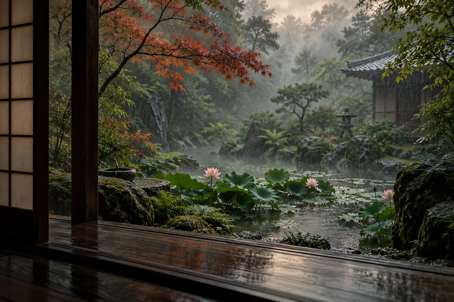 Scena contemplativa di un giardino giapponese con uno stagno di loto, osservato da una soglia in legno