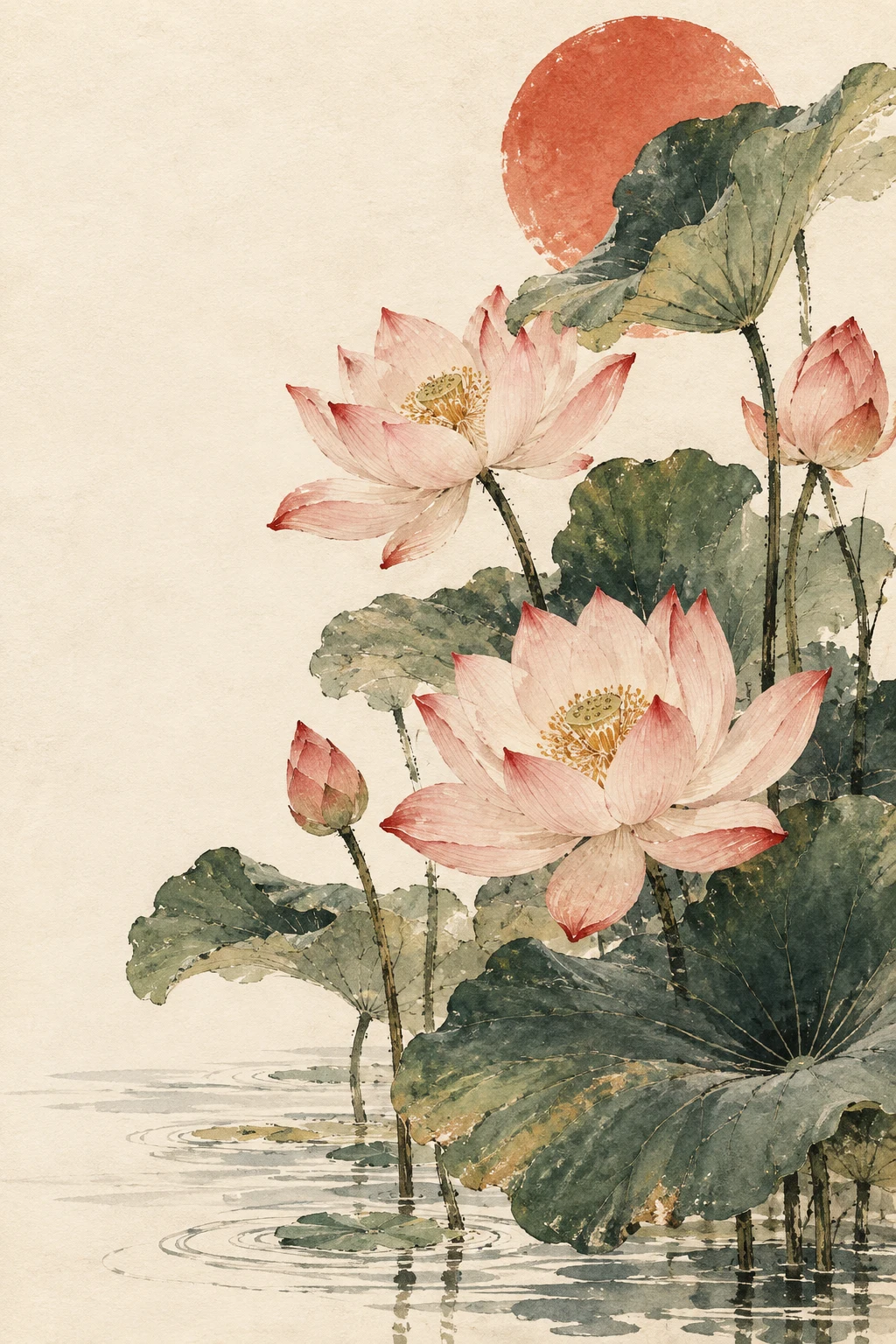 Illustrazione giapponese di fiori di loto rosa e foglie verdi su carta color avorio